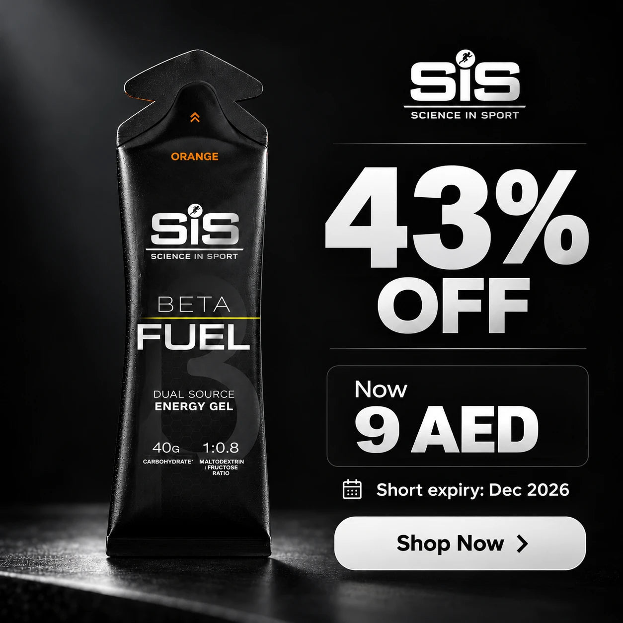SIS Beta Fuel Orange gel, 43% off, now 9 AED, short expiry Dec 2026