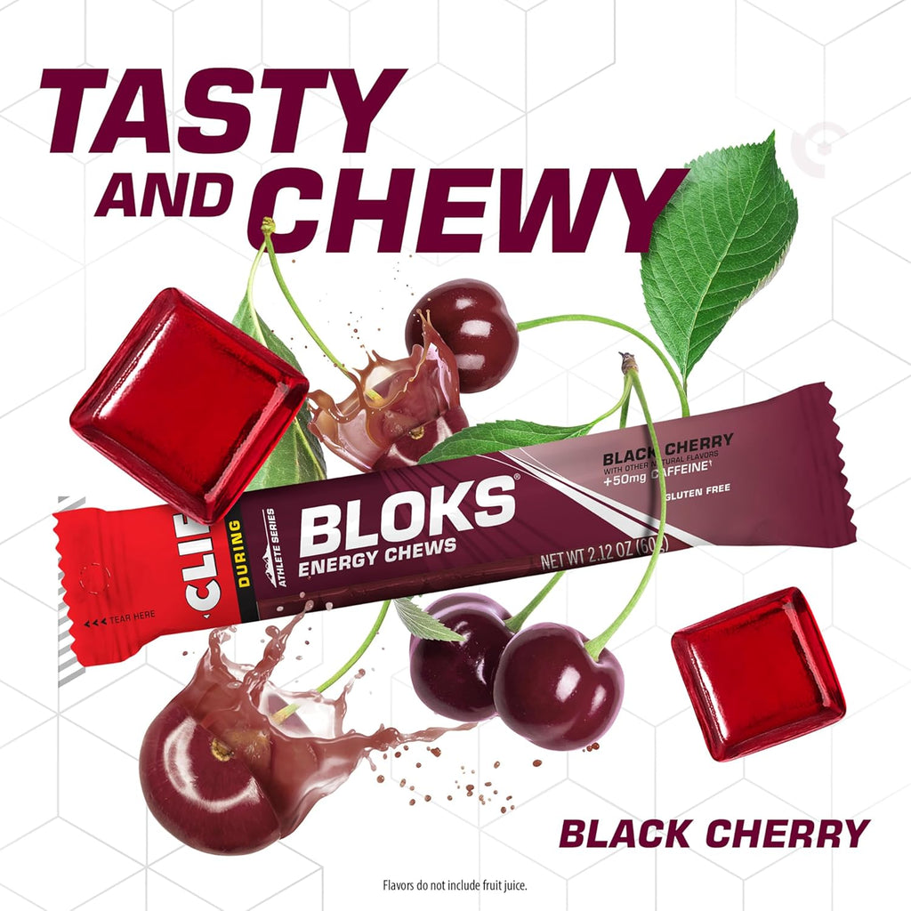 Clif Bloks Bar Energy Chews Blocks, Black Cherry Flavor. 48g Carbs, 50mg Caffeine