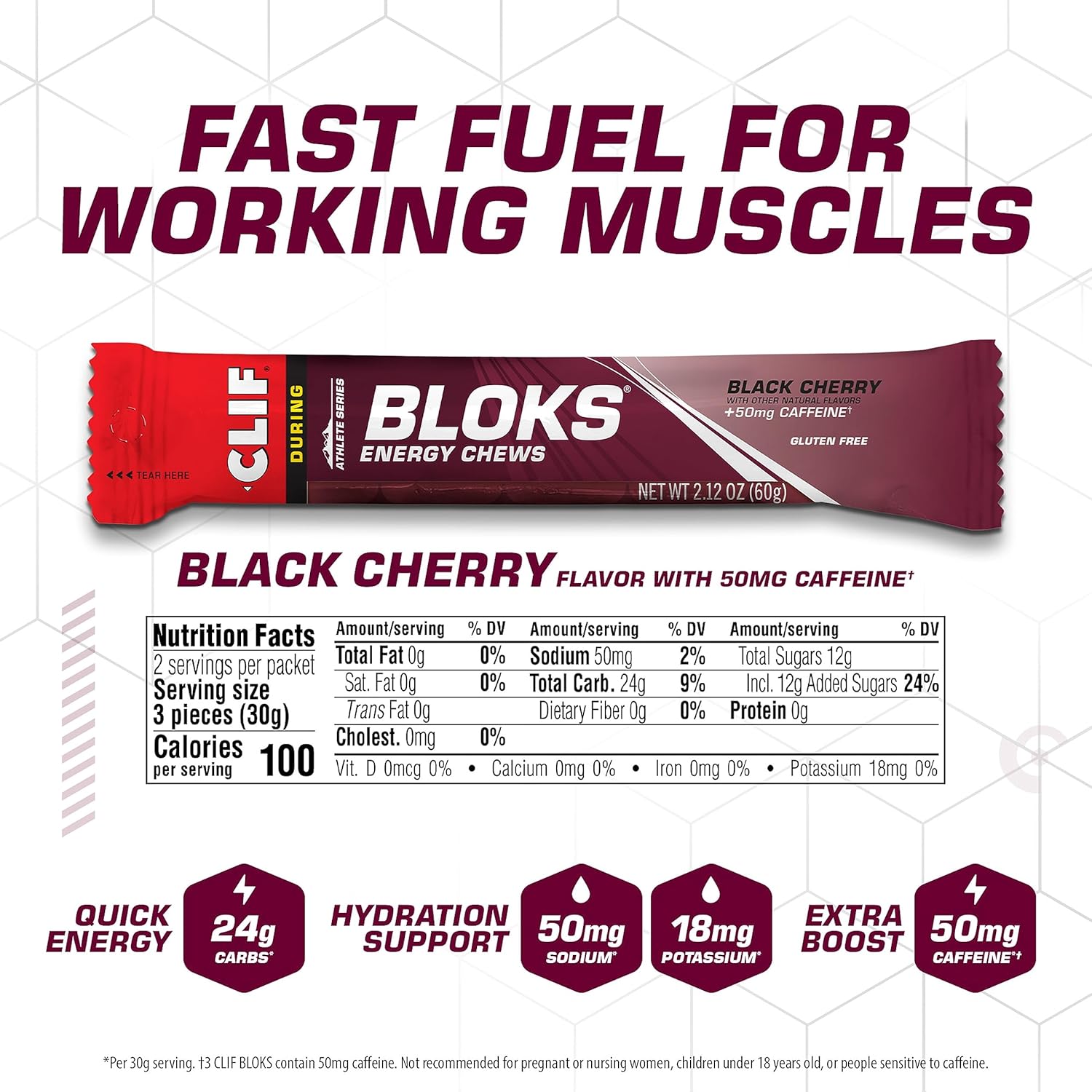 Clif Bloks Bar Energy Chews Blocks, Black Cherry Flavor. 48g Carbs, 50mg Caffeine